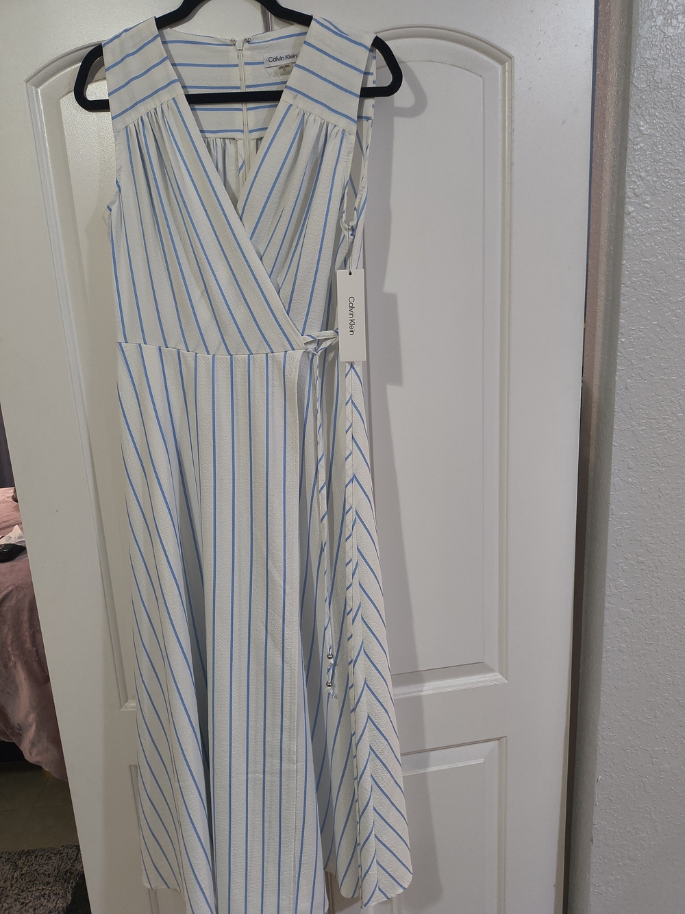 Calvin Klein White & Light Blue Striped Wrap Midi Dress